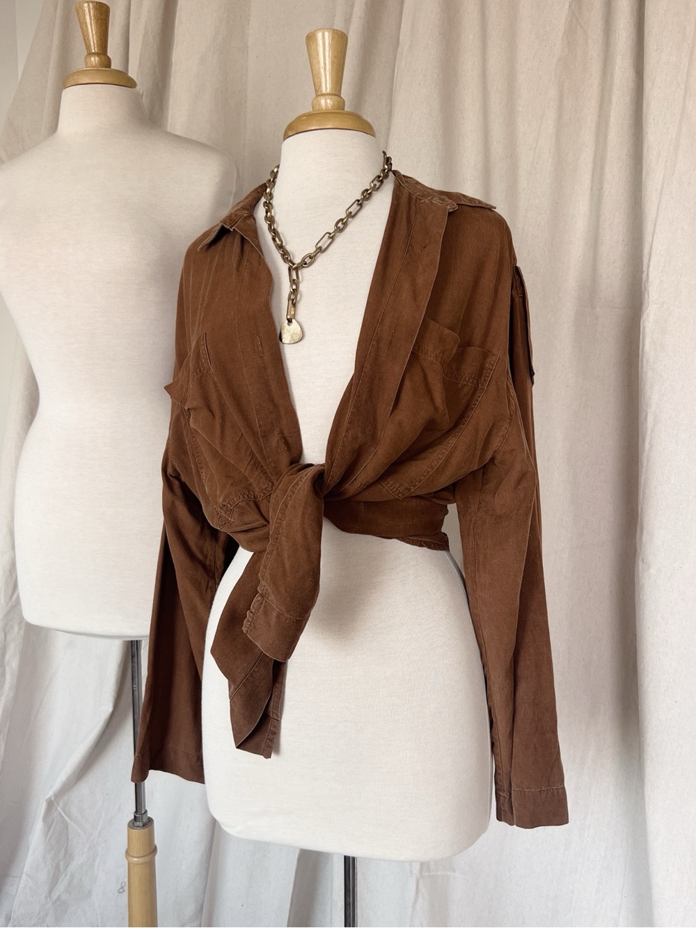 100% Silk Vintage Brown Button-Down Shirt